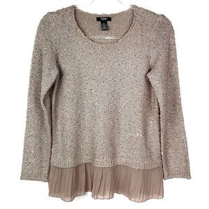 Alfani Light Brown Sequin Peplum Pleated Knit Long Sleeve Sweater Top Petite S